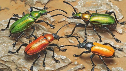 Four Beetles on Stone Surface - Colorful Insect Encounter