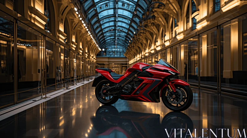 Futuristic Glam: A Captivating Motorcycle in a Magnificent Hallway AI Image