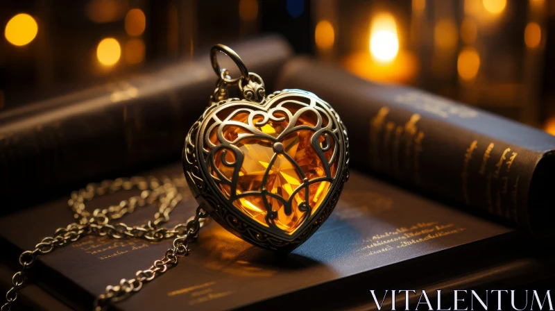 Golden Heart-shaped Locket Pendant on Dark Book AI Image