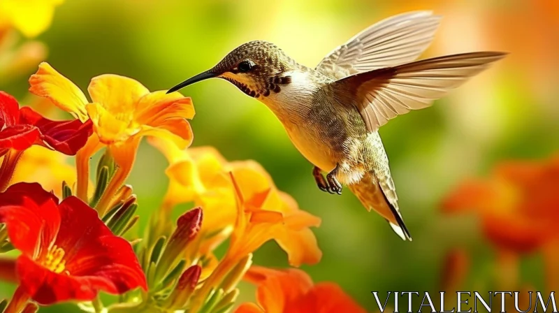 Graceful Hummingbird Mid-Flight Among Flowers AI Image