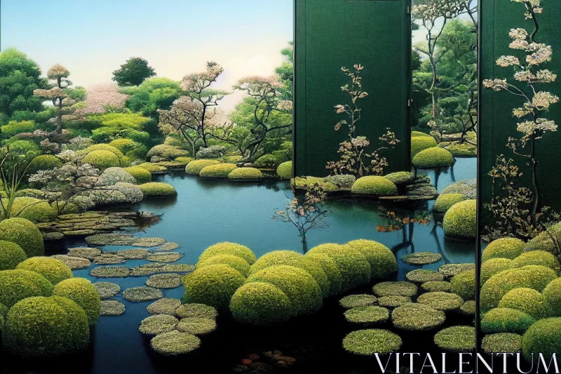 Lush Green Garden Painting with Water Feature - Realistic Art AI Image