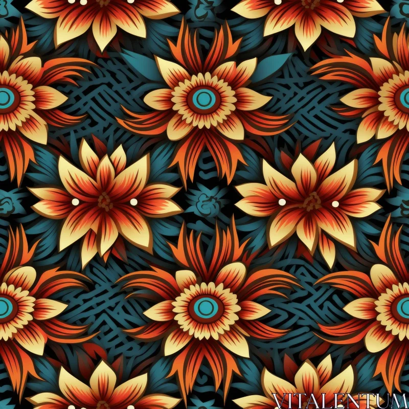 Orange and Yellow Floral Grid Pattern on Dark Blue Background AI Image
