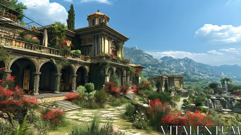 Serene Landscape with Majestic Mansion on a Hill AI Image