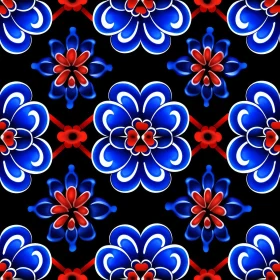 Stylized Blue and Red Floral Pattern on Black Background