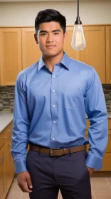 Young Asian Man in Blue Shirt Standing in Kitchen
