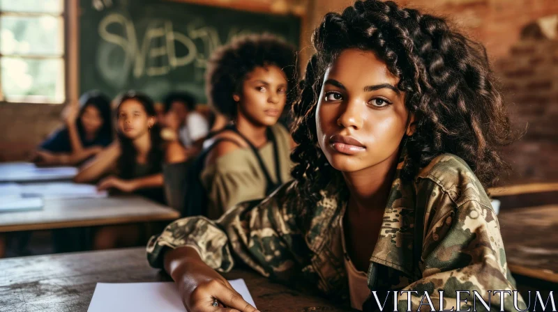 Captivating Portrait of a Thoughtful African Teenage Girl at School Desk AI Image