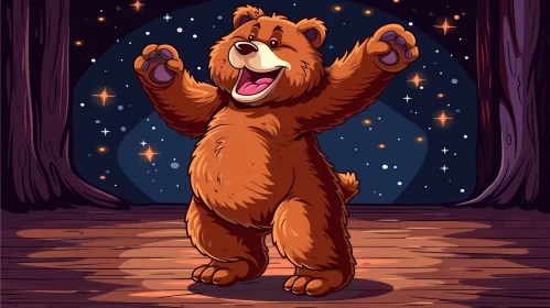 Cheerful Cartoon Brown Bear Illustration on Wooden Stage