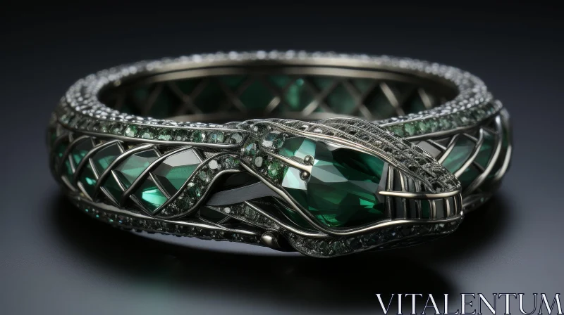Exquisite Silver Snake Bracelet with Green Emeralds AI Image