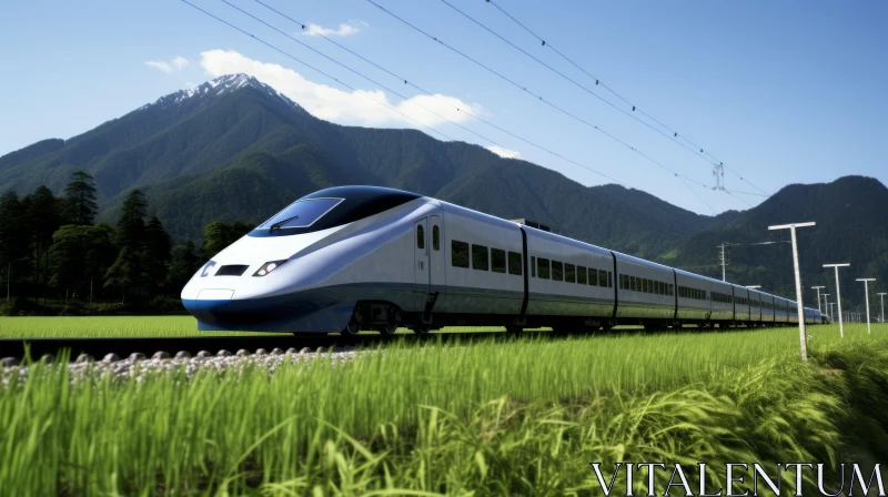 Modern High-Speed Train Passing Through Rural Area AI Image