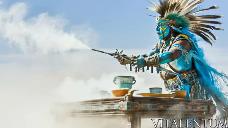 Native American Man with Traditional Headdress and Gun AI Image