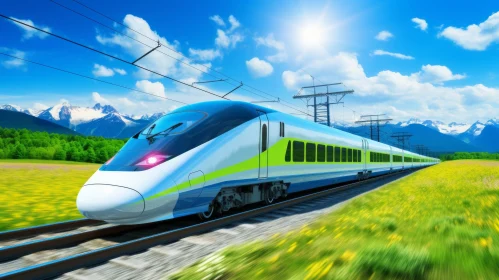 Sleek Green and White High-Speed Train in Scenic Landscape