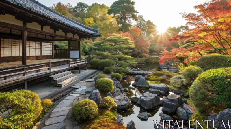 Tranquil Japanese Garden with Traditional House | Nature Photography AI Image