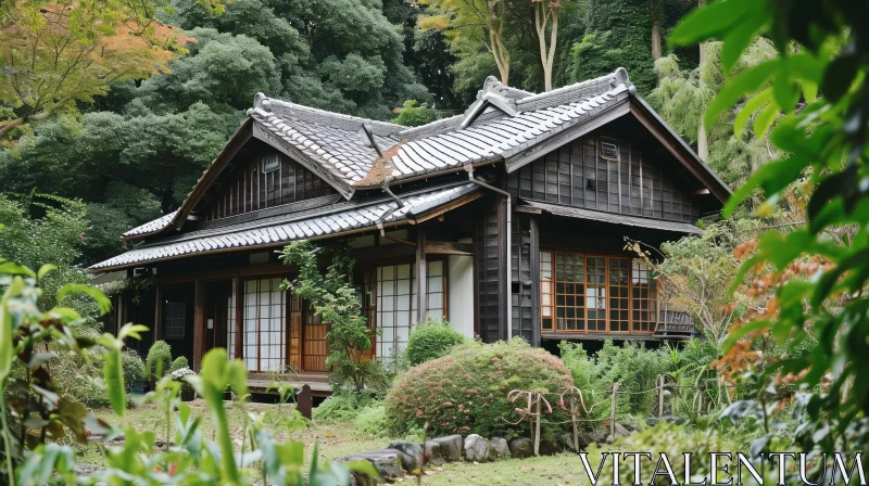 Tranquil Japanese House in a Lush Green Forest AI Image