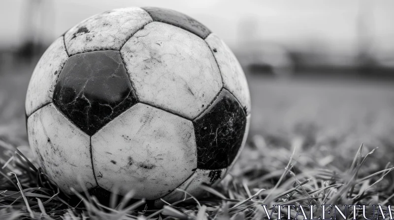 Weathered Soccer Ball on Dry Grass - Monochromatic Photograph AI Image