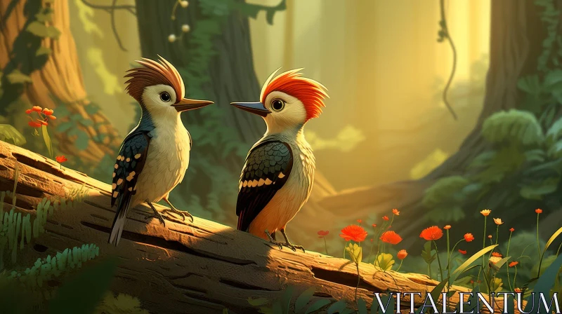 Woodpeckers Cartoon Illustration in Forest AI Image