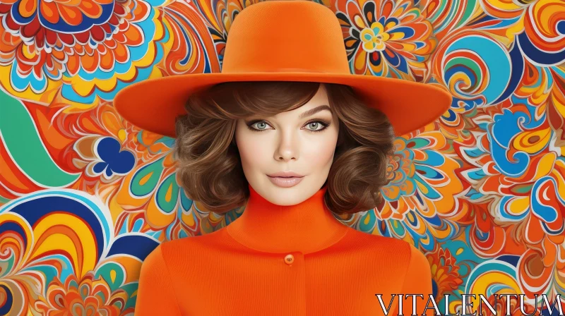 Young Woman in Orange Turtleneck Blouse and Hat AI Image