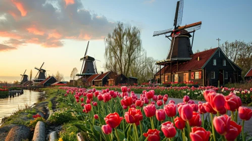 Captivating Landscape in the Netherlands with Windmills and Tulips