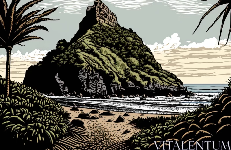 Captivating Traditional Print: Majestic Rock and Palm Trees AI Image