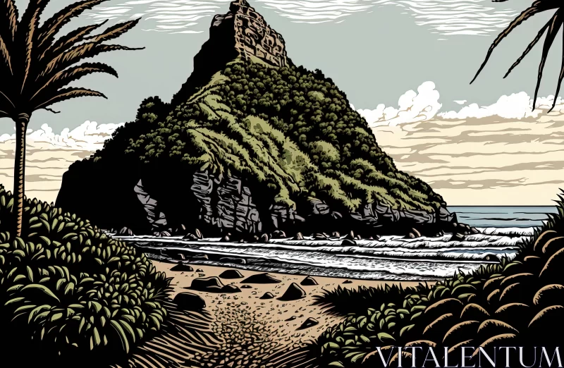 Captivating Traditional Print: Majestic Rock and Palm Trees