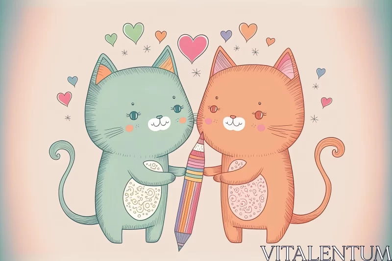 Cheerful Kittens Holding Hearts and Pencil | Colorful Caricature AI Image
