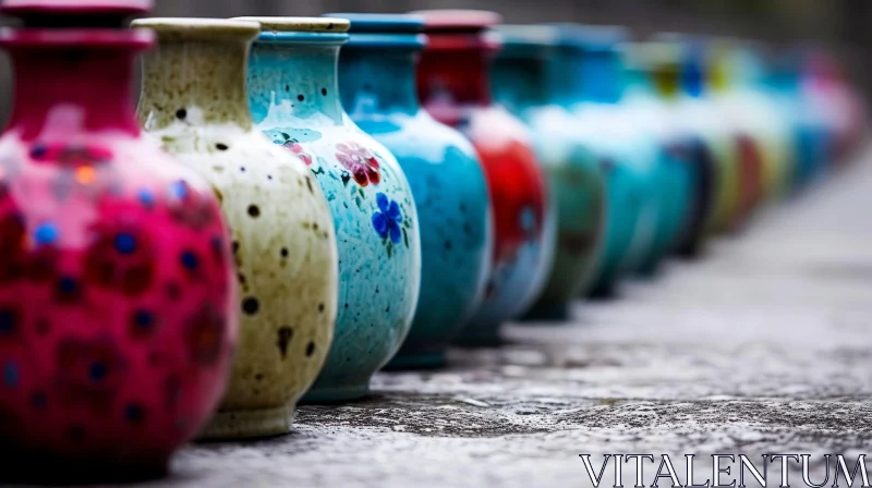 Colorful Ceramic Vases with Intricate Patterns on Stone Surface AI Image