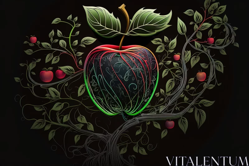 Dark Drawing of Apple in Tree with Richly Detailed Flora and Fauna AI Image