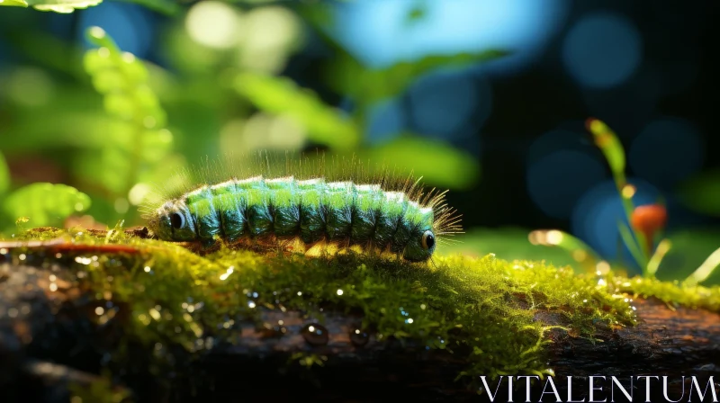 Detailed Green Caterpillar on Mossy Branch AI Image