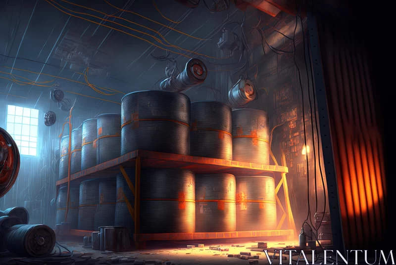 Eerily Realistic Industrial Space with Hyper-Detailed Barrels AI Image