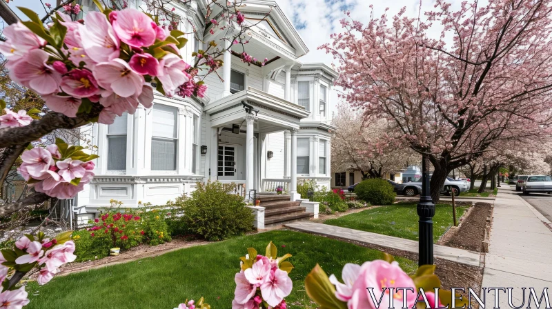 Enchanting Victorian House Surrounded by Cherry Blossoms AI Image