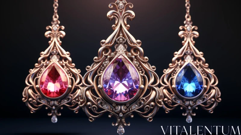 Exquisite Gold Pendants with Gemstones on Dark Background AI Image