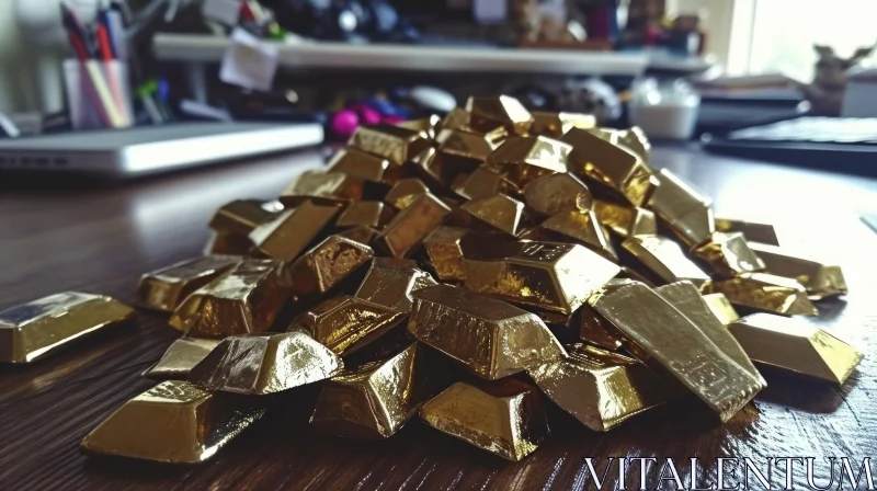 Intriguing Composition of Gold Bars on Wooden Table AI Image