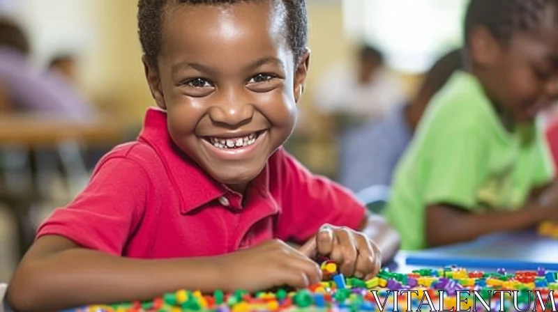 Joyful African-American Boy Playing with Colorful Plastic Blocks AI Image
