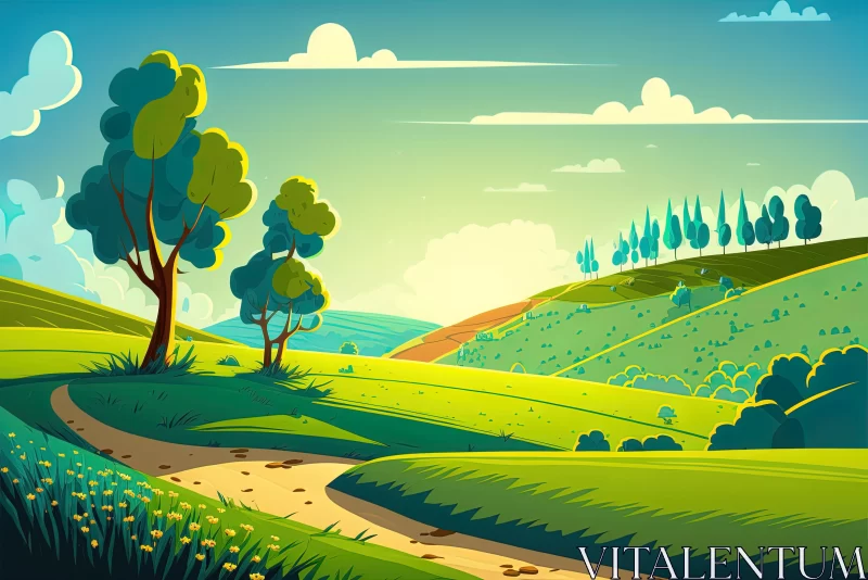 Lush Grassy Landscape Illustration in Saturated Color Fields AI Image
