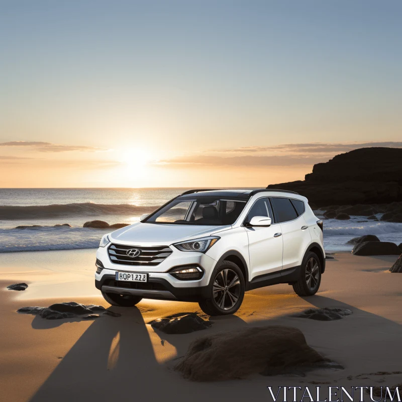 Serene Sunset on the Beach: White Hyundai Santa Fe AI Image