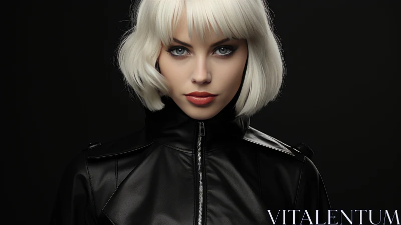 Serious Young Woman Portrait in Black Leather Jacket