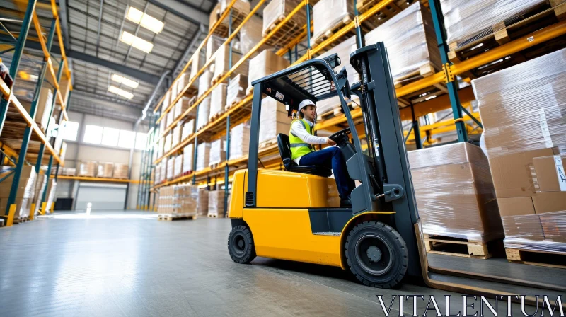 Warehouse Worker Driving Forklift - Industrial Scene AI Image