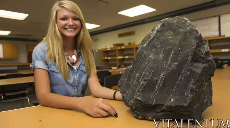 Young Female Geologist with a Large Rock Sample in a Classroom AI Image
