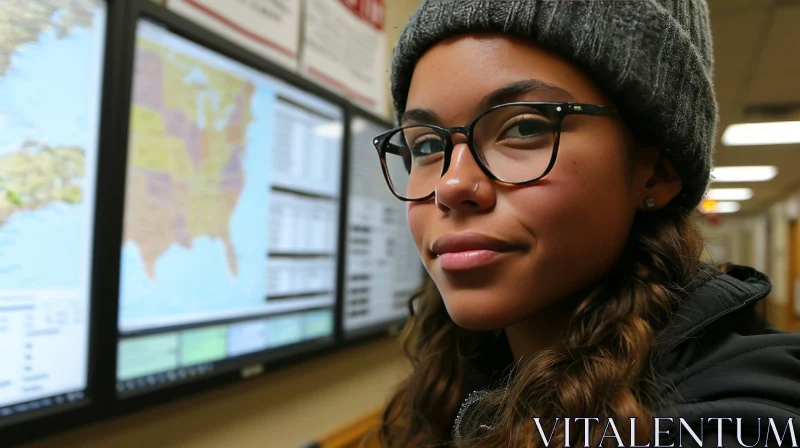 Young Woman in Gray Beanie and Glasses Looking at Camera with Computer Monitor Displaying Map AI Image