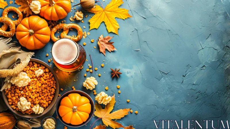 Autumn-Themed Food and Drink Flat Lay: Beer, Popcorn, Nuts, and Pumpkin AI Image