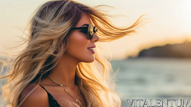 Blond Woman at Sunset Beach | Sunglasses | Black Swimsuit AI Image