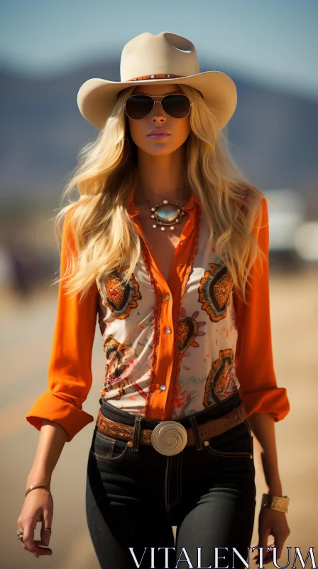 Blonde Woman in Cowboy Hat Walking in Desert AI Image