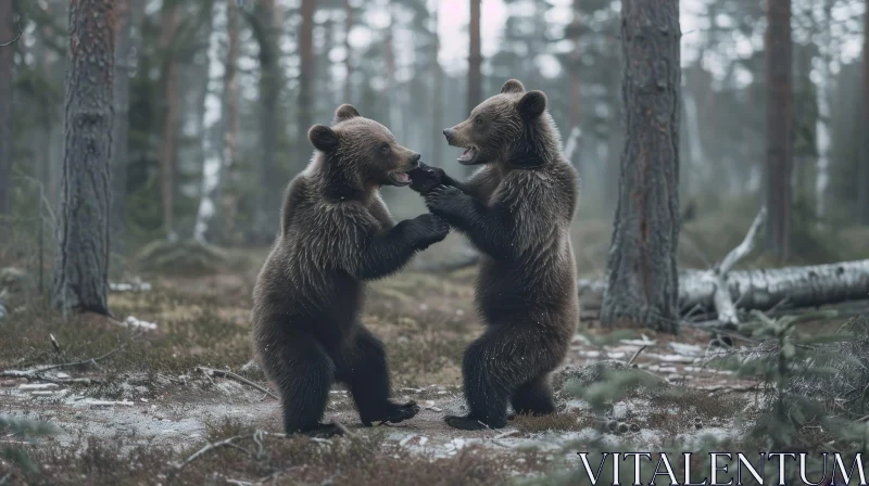 AI ART Brown Bear Cubs Play-Fighting in Forest
