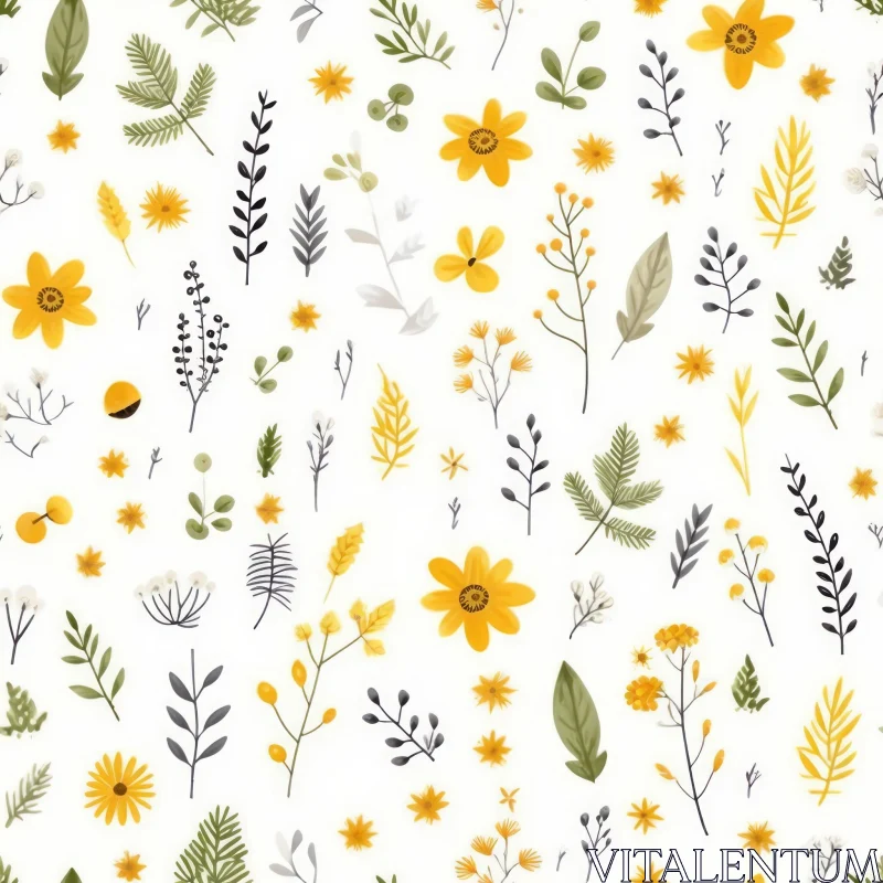 Delicate Watercolor Floral Pattern in Yellow, Green, White AI Image