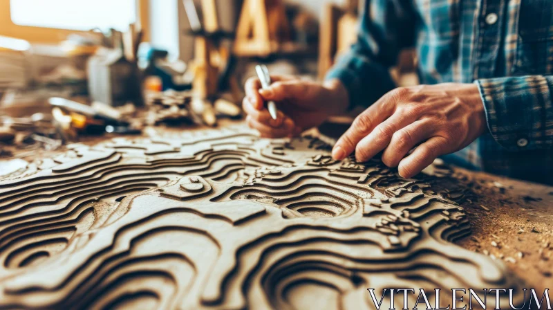 Exquisite Wooden Relief Map Creation in Artisan's Workshop AI Image