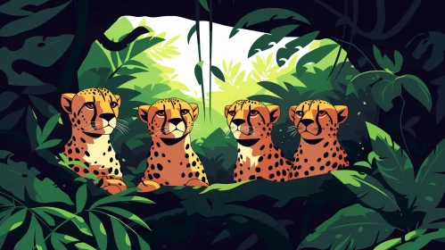 Four Cheetahs in Green Jungle - Wildlife Photography