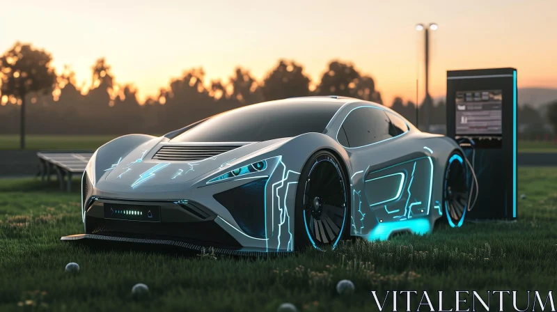 Futuristic Electric Car on Green Field at Sunset AI Image