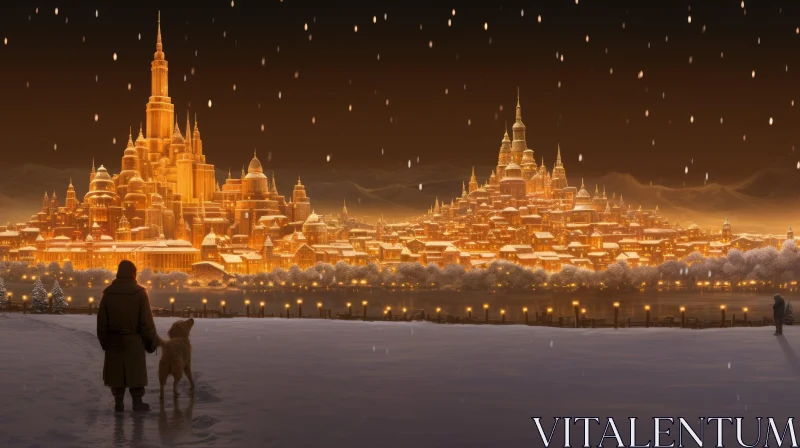 Golden City Winter Scene with Snow-Capped Mountains AI Image