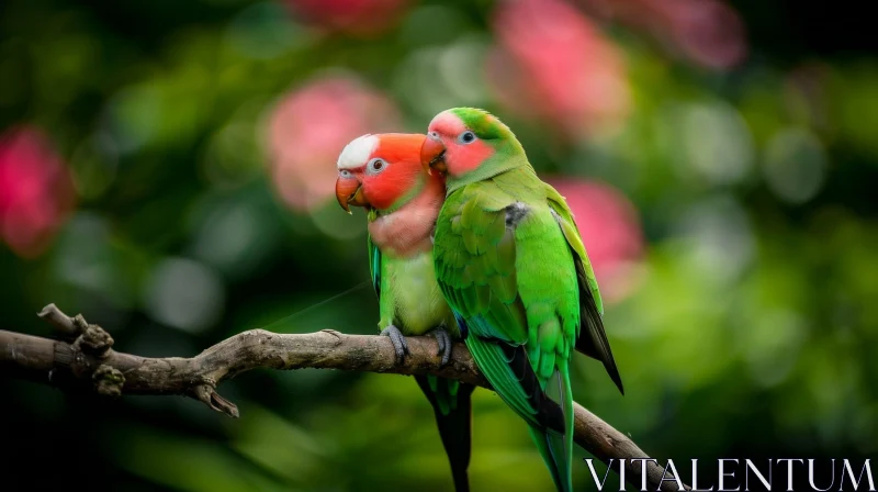 Green Parrots on Branch - Stock Photo AI Image