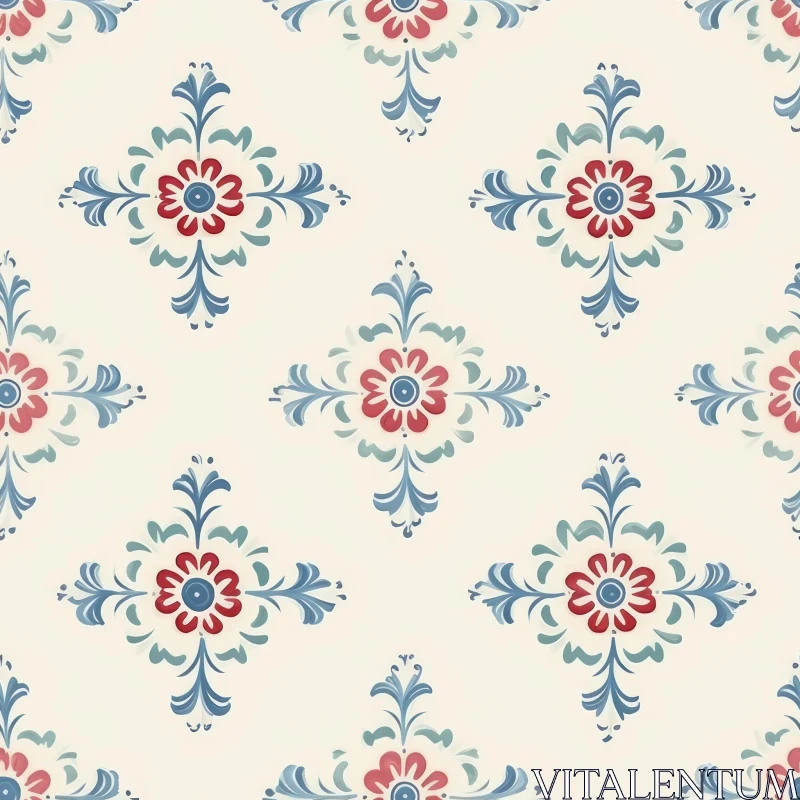Hand-Painted Floral Pattern - Red, Blue, White AI Image