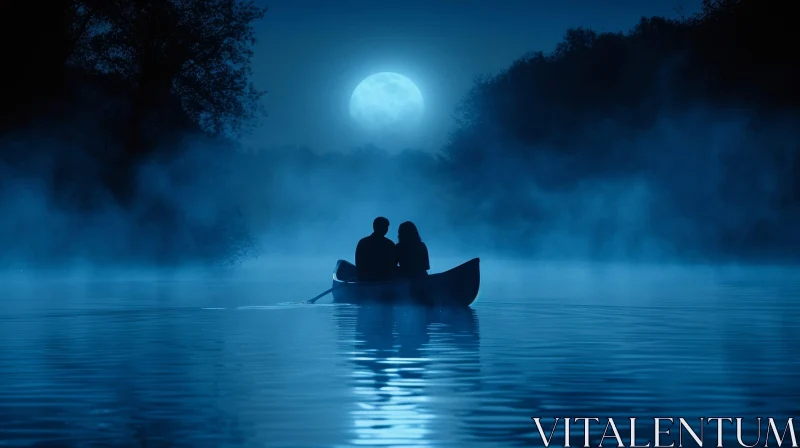 Moonlit Night Landscape with Romantic Boat Scene AI Image